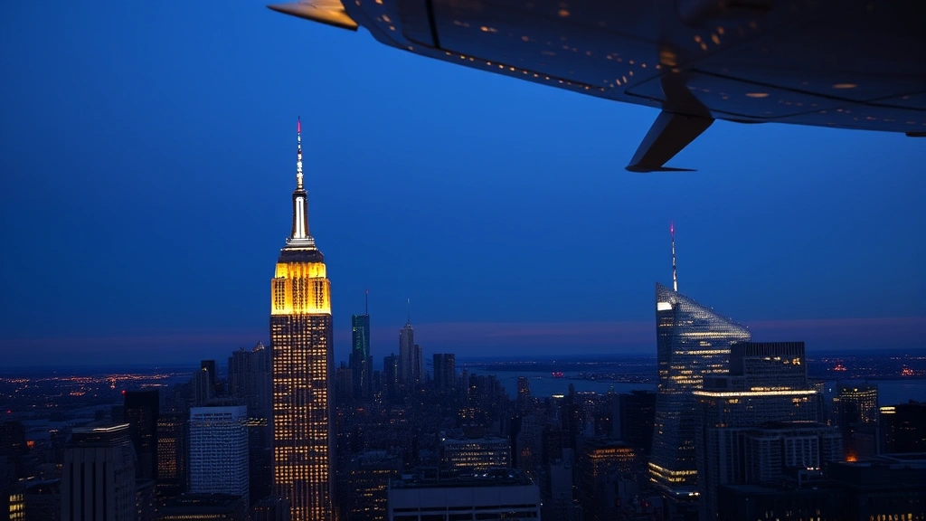 New York City skyline at dusk with Empire State Building and Manhattan skyscrapers illuminated, viewed from approaching aircraft or elevated vantage point, urban landscape