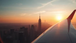 Overhead view of Manhattan skyline with airplane wing in foreground during golden hour sunset, commercial jet approaching New York airspace