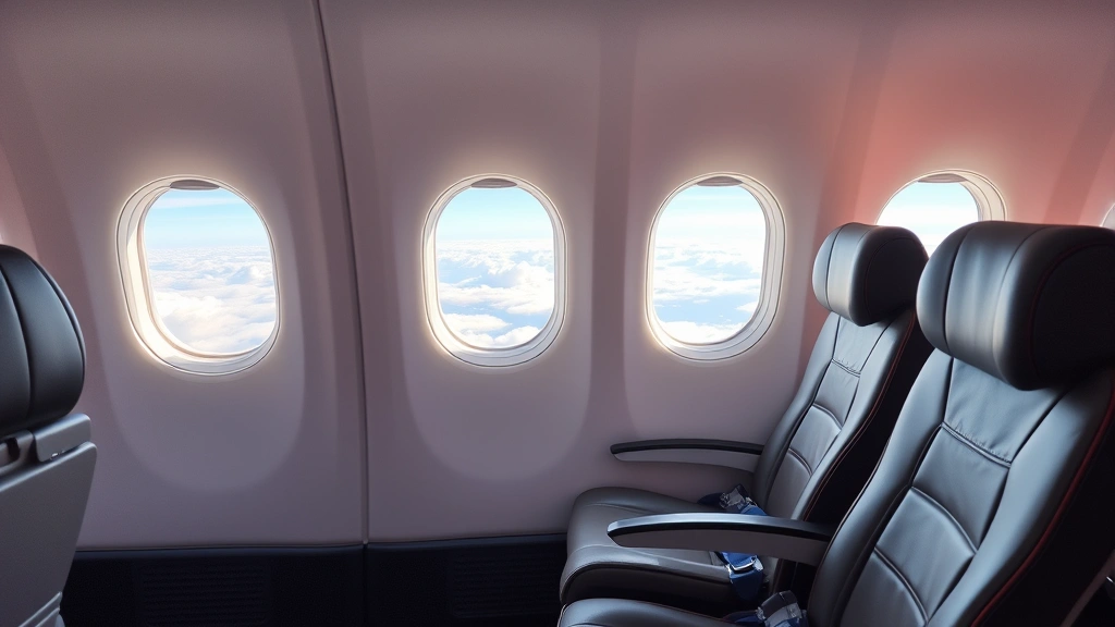 Modern aircraft cabin interior showing comfortable economy seating with window views of clouds over Atlantic Ocean during daytime flight