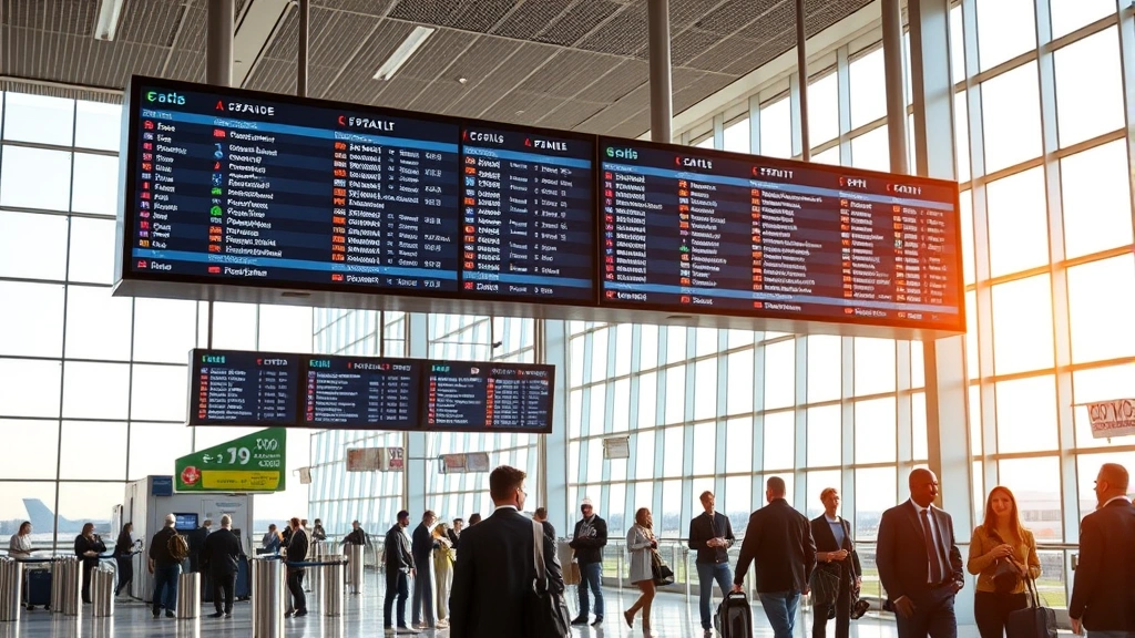 Modern airport terminal with departures board displaying flight information, natural lighting through large windows, passengers checking flight details, professional aviation environment