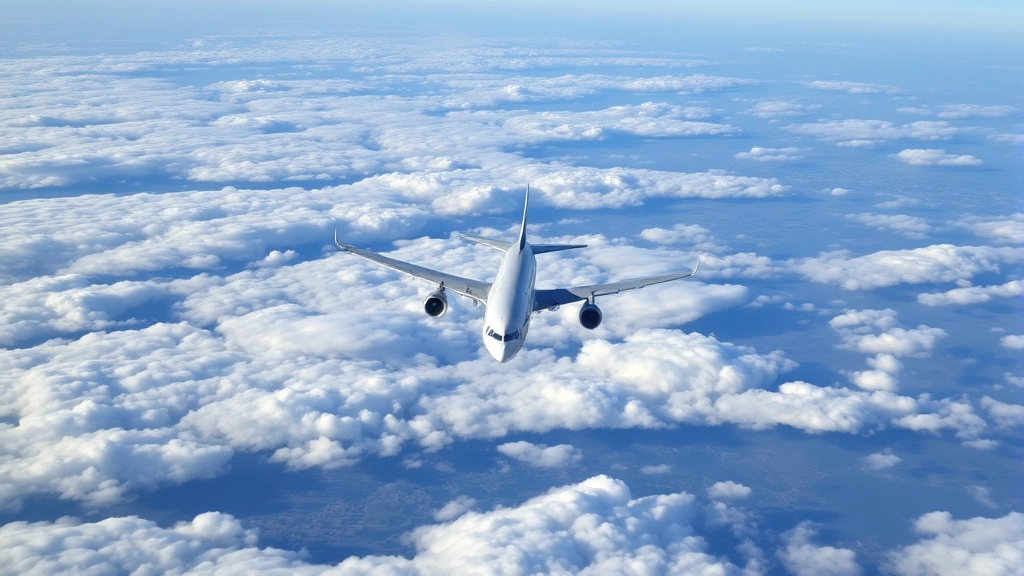 Airplane in flight at cruising altitude over landscape clouds, taken from aerial perspective showing aircraft in motion, clear sky conditions, commercial airliner mid-journey