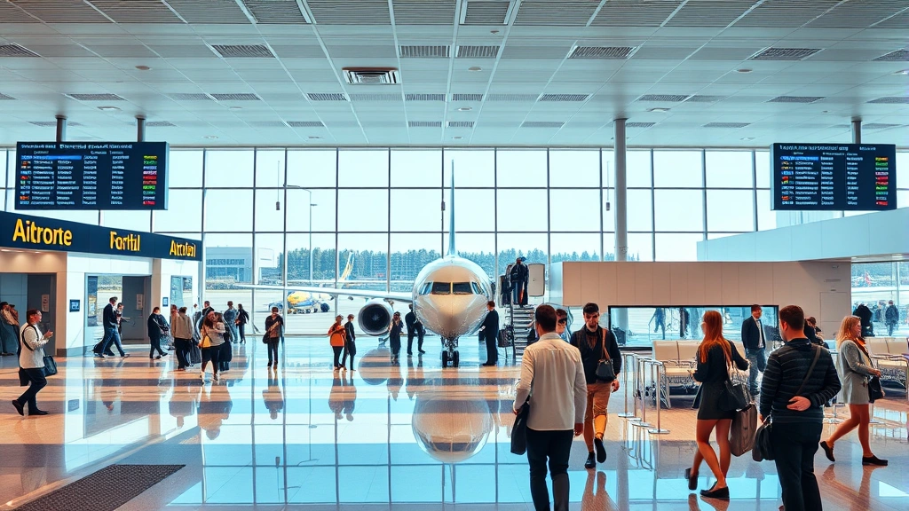 Airport gate area with passengers boarding aircraft, flight attendants greeting travelers, bright modern terminal interior, real-time flight information displays on walls