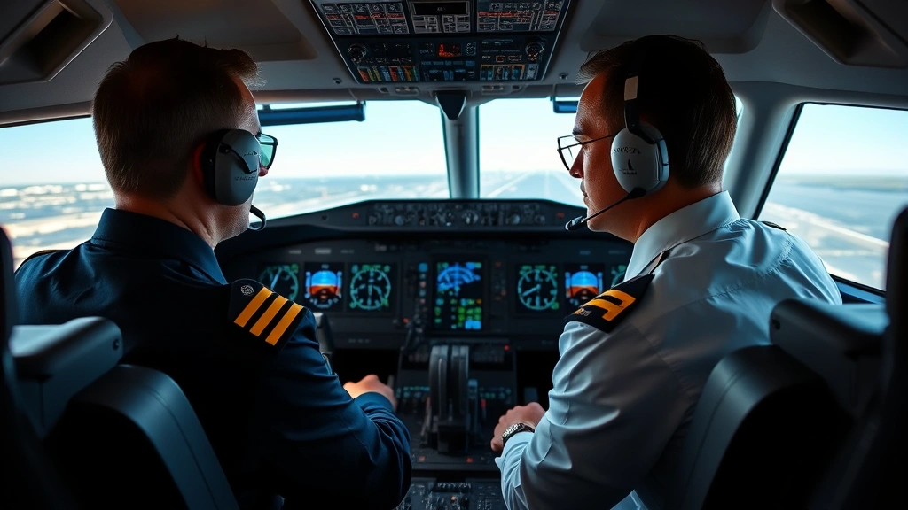 Professional airline captain and first officer in cockpit wearing headsets reviewing flight instruments and navigation displays before departure