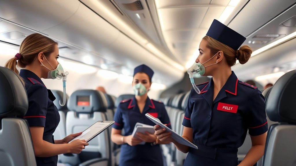 Flight attendants in uniform conducting safety demonstration with oxygen masks and emergency equipment in modern aircraft cabin