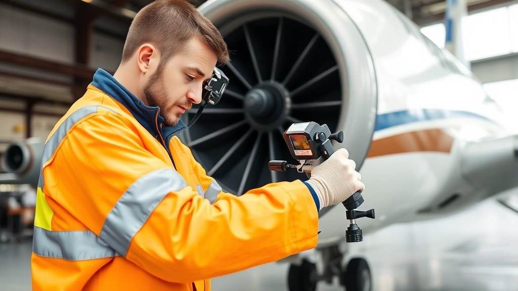 Aircraft maintenance technician performing detailed inspection of aircraft exterior wing structure with specialized equipment at airport hangar