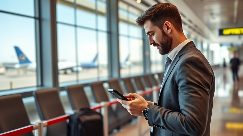 Experienced traveler checking mobile phone at modern airport terminal gate area, looking at flight information display with aircraft visible through window, professional business casual attire, natural airport lighting