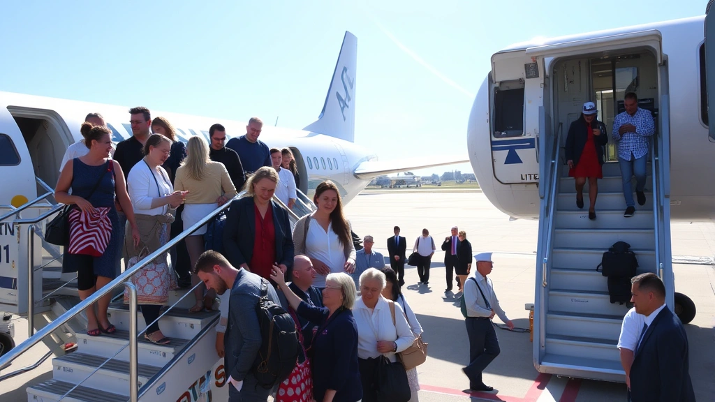 Diverse group of passengers boarding commercial aircraft, sunny tarmac visible, aircraft stairs in foreground, efficient boarding process, airport ground crew directing passengers, daytime scene