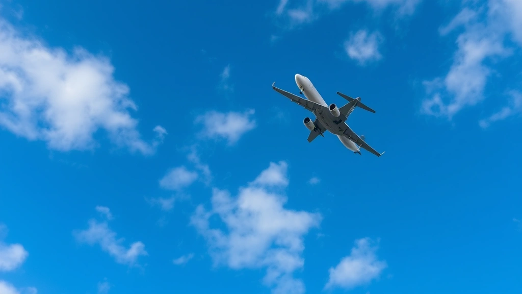 Commercial aircraft in flight against blue sky with scattered clouds, wing detail visible, clear weather conditions, professional aviation photography, aircraft model distinguishable