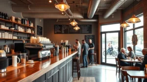 Warm, inviting coffee café interior with wooden counter, professional espresso machine, soft ambient lighting, comfortable seating area, and customers enjoying beverages in cozy Austin independent coffee shop setting