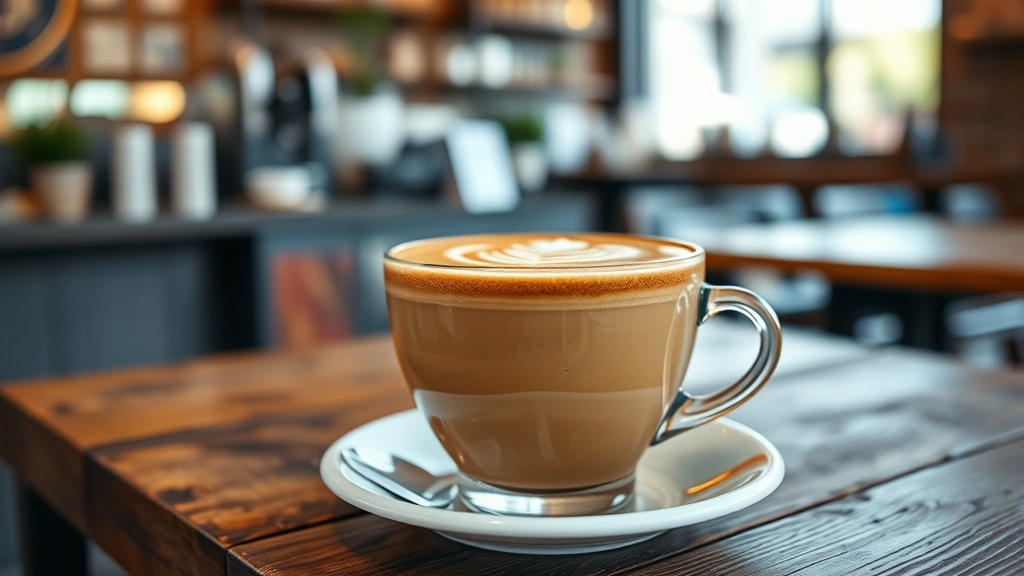Beautifully crafted latte with intricate latte art leaf design, sitting on rustic wooden table with blurred café background, showcasing specialty coffee preparation and artisanal presentation