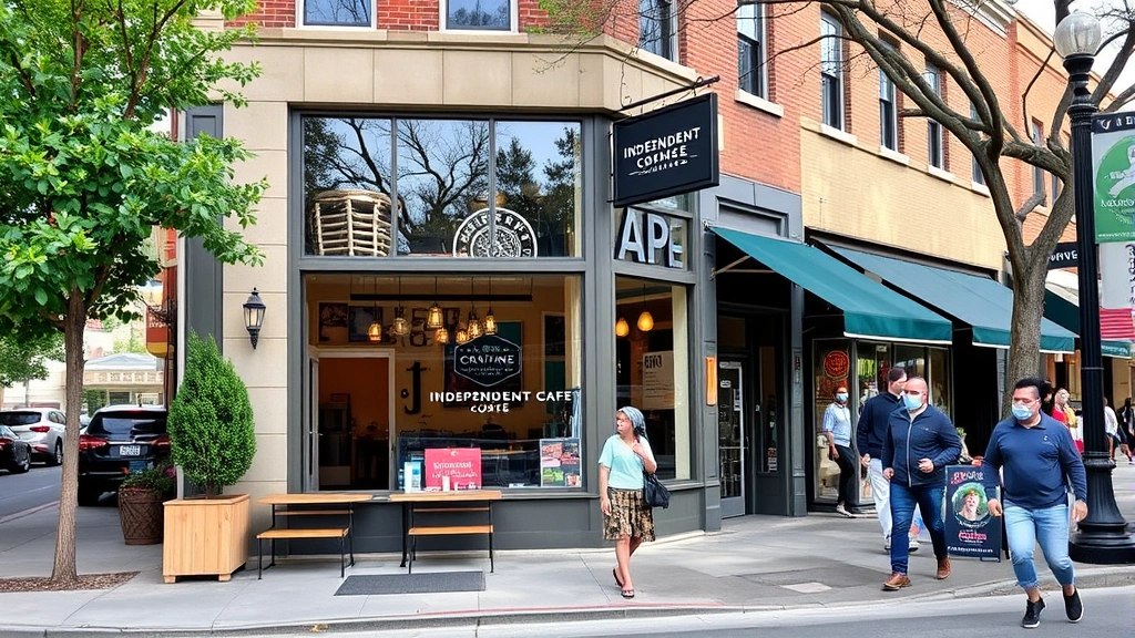 Austin neighborhood street scene showing charming independent café storefront with large windows, welcoming entrance, outdoor seating area, and pedestrians walking past in vibrant local commercial district