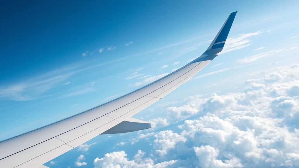 Photorealistic overhead view of commercial airliner wing in flight showing curved airfoil design against blue sky and white clouds, demonstrating wing aerodynamics and lift generation