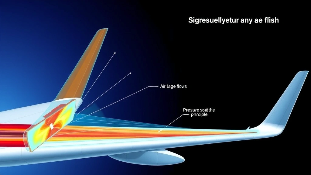 Detailed cross-section diagram visualization showing air flow patterns over airplane wing profile, illustrating pressure differences and Bernoulli's Principle in action during flight