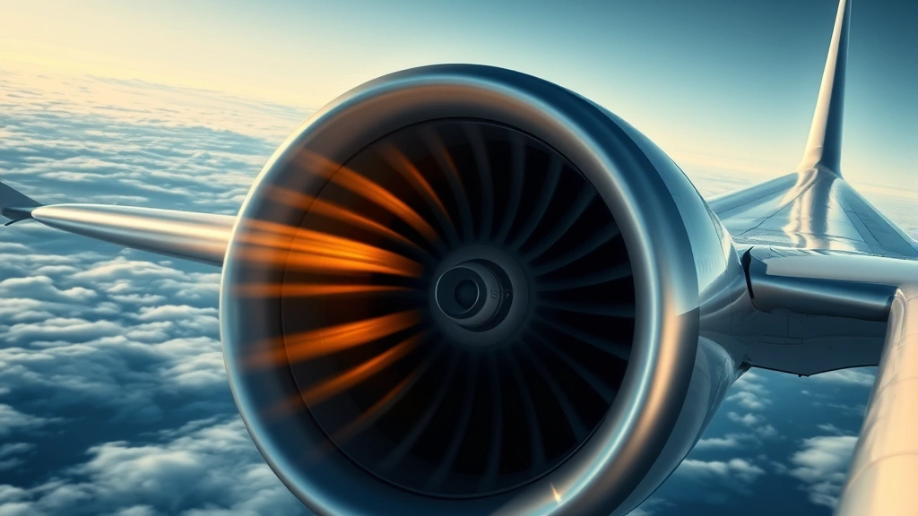 Photorealistic image of jet engine turbine intake during takeoff, showing air compression and thrust generation with heat distortion, aircraft nose visible in background