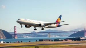 Modern commercial airplane taking off from San Francisco International Airport with bay and Golden Gate Bridge visible in background, sunny day, photorealistic