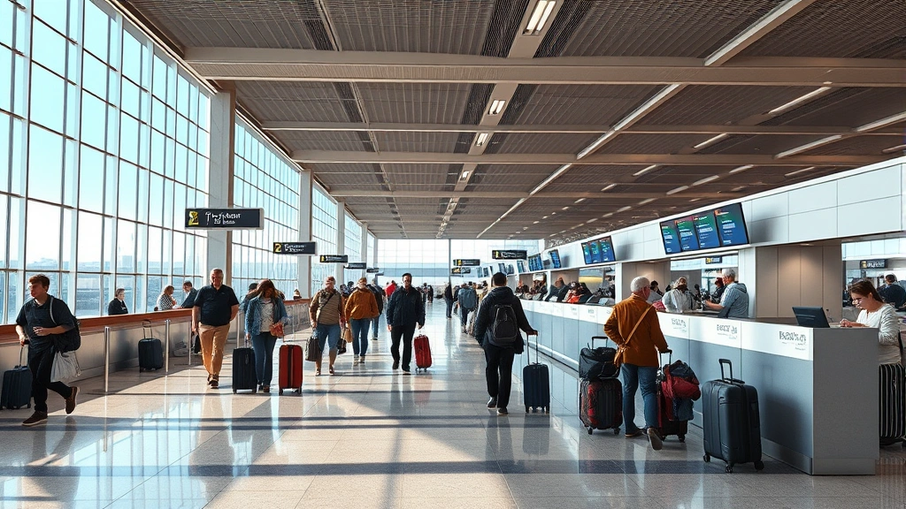 Busy Los Angeles International Airport terminal interior with travelers checking luggage at ticket counter, natural lighting, contemporary airport design, photorealistic