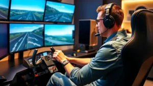 Professional pilot sitting in home flight simulator cockpit, hands positioned on flight sim yoke with visible force feedback indicators, modern desktop setup with multiple monitors displaying flight simulator