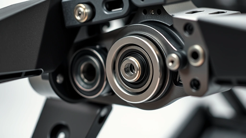 Close-up detailed view of premium flight sim yoke mechanical components, precision bearings and metal construction visible, cockpit-style mounting bracket, professional lighting highlighting quality construction