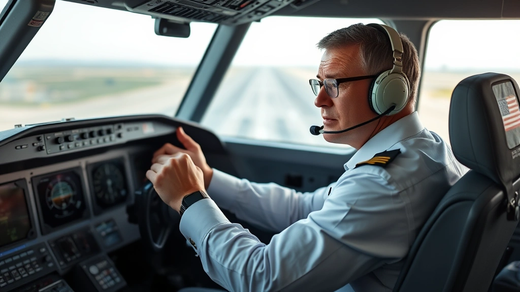 Experienced commercial airline pilot demonstrating proper yoke grip technique in flight training facility with advanced simulator equipment, force feedback haptic system active, concentrated professional expression during simulated approach