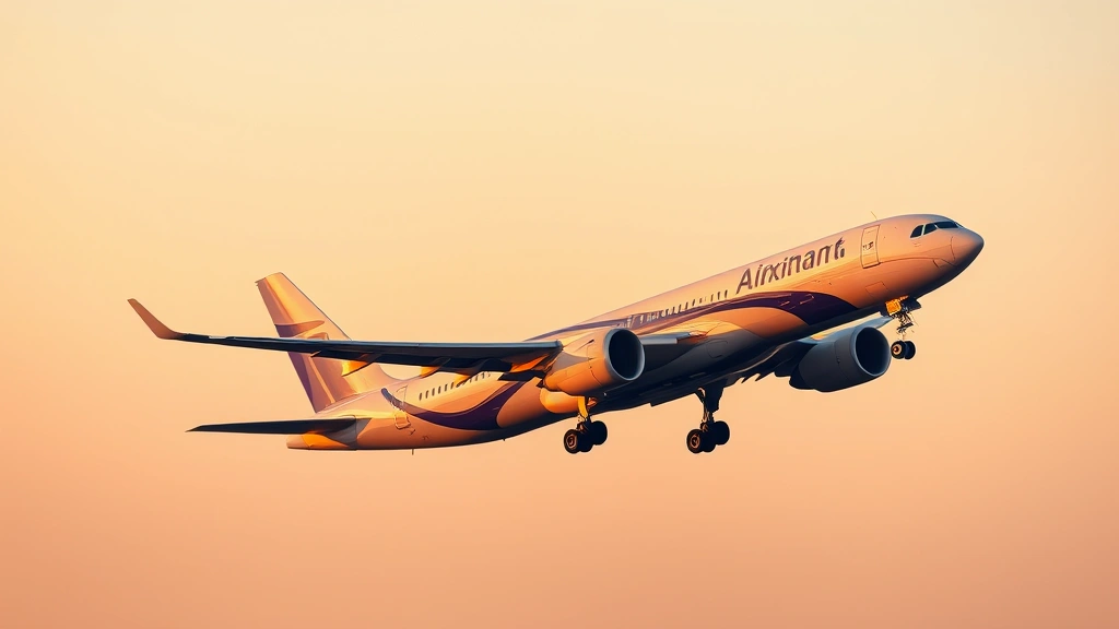 Commercial airplane taking off at sunrise with clear sky, showing modern aircraft in flight banking upward, photorealistic professional photography
