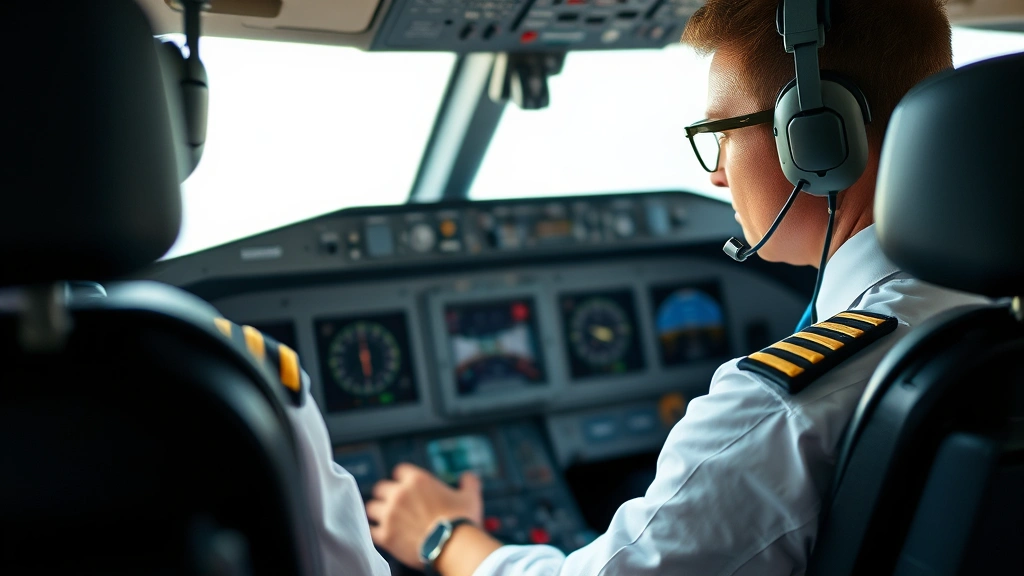 Close-up of airline pilot in cockpit checking instruments and controls before flight, focused professional preparing for departure, realistic aviation environment