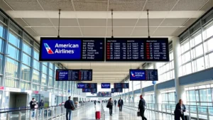 Modern airport terminal with American Airlines signage and digital departure boards displaying flight information, travelers walking with luggage, bright natural lighting from large windows