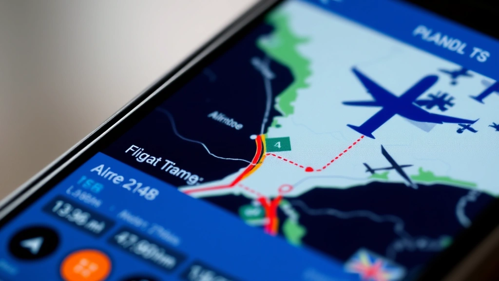 Close-up of a smartphone screen displaying a flight tracking app showing real-time aircraft position on a map with altitude and speed data for a commercial flight