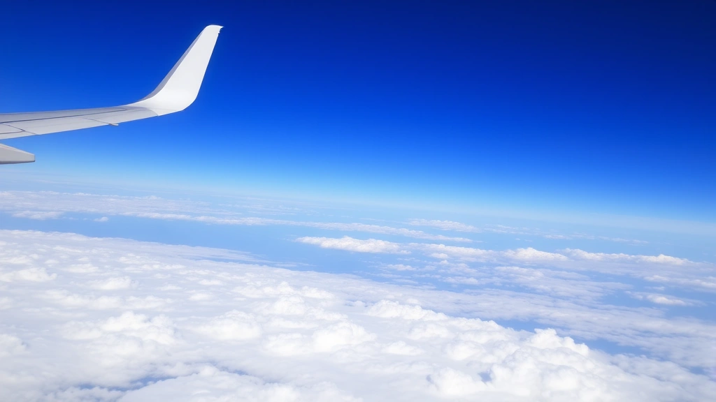 Commercial aircraft in flight at cruising altitude against blue sky with white clouds below, photographed from another aircraft, showing the plane's wing and fuselage
