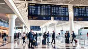 Modern airport terminal with digital flight information displays showing departure and arrival boards, travelers checking flight status on mobile devices, professional ground staff in uniforms assisting passengers, bright natural lighting, contemporary airport architecture