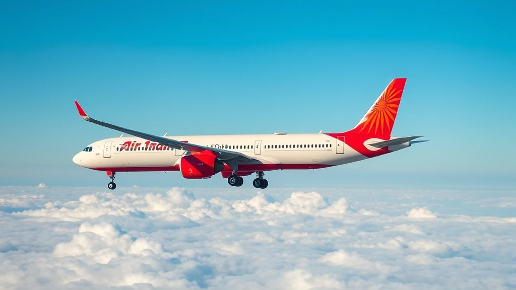 Air India aircraft in flight against blue sky with clouds visible below, modern commercial airplane captured from distance showing full fuselage and livery, clear weather conditions, dynamic aerial perspective showcasing aircraft mid-journey