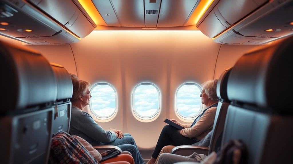 Modern airplane cabin interior during cruising with passengers relaxing, warm cabin lighting, window showing clouds below, representing long-haul transatlantic comfort