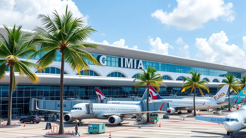 Miami International Airport (MIA) terminal exterior with aircraft at gates, palm trees, modern architecture, sunny Florida weather, bustling travel activity