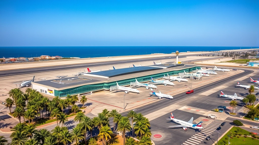 Aerial photograph of Blaise Diagne International Airport in Dakar, Senegal with modern terminal buildings and aircraft parked at gates, surrounded by palm trees and coastal landscape under blue sky