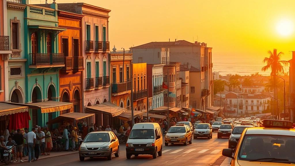 Vibrant street scene in downtown Dakar showing colorful colonial architecture, bustling markets, and local taxis, with Atlantic Ocean visible in background during golden hour lighting