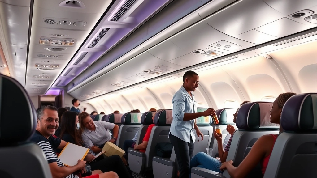 Modern aircraft cabin interior showing comfortable seating with passengers relaxing, overhead bins, and cabin crew serving beverages during flight to West Africa