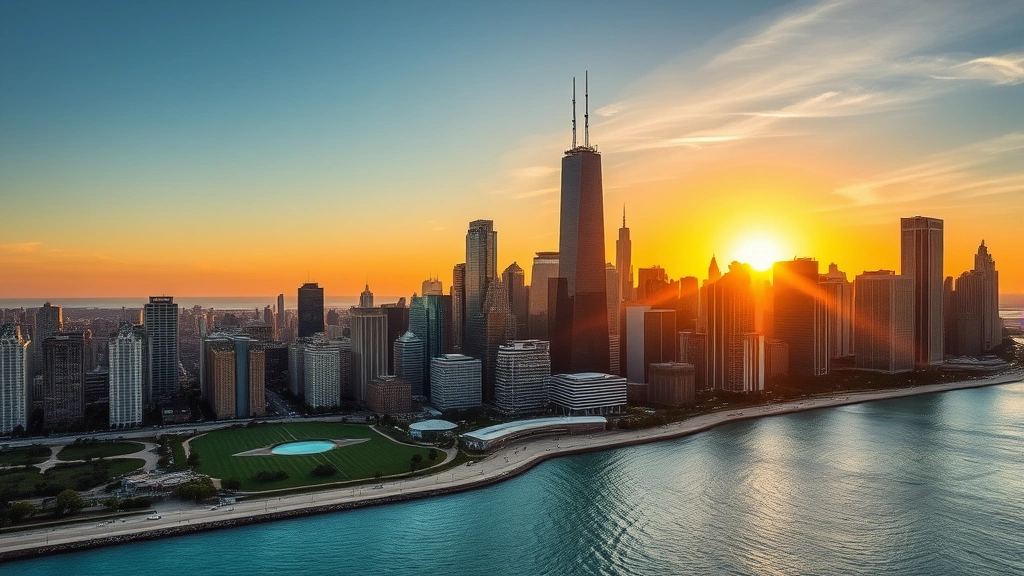 Aerial view of Chicago downtown skyline meeting Lake Michigan waterfront at golden hour sunset, showing iconic tall buildings, waterfront parks, and blue water, vibrant cityscape photography