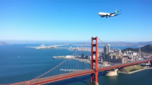 Aerial view of San Francisco skyline with Golden Gate Bridge visible, clear sunny day, commercial aircraft approaching or departing in distance over bay water