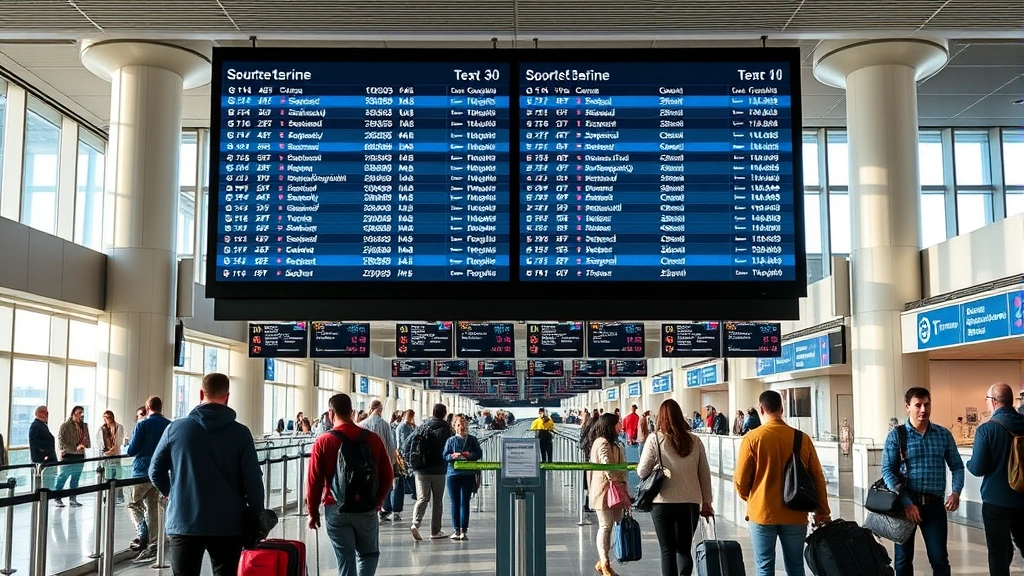 Inside modern airport terminal with travelers at check-in counters, digital flight information displays showing departure times, natural lighting from windows, diverse passengers with luggage