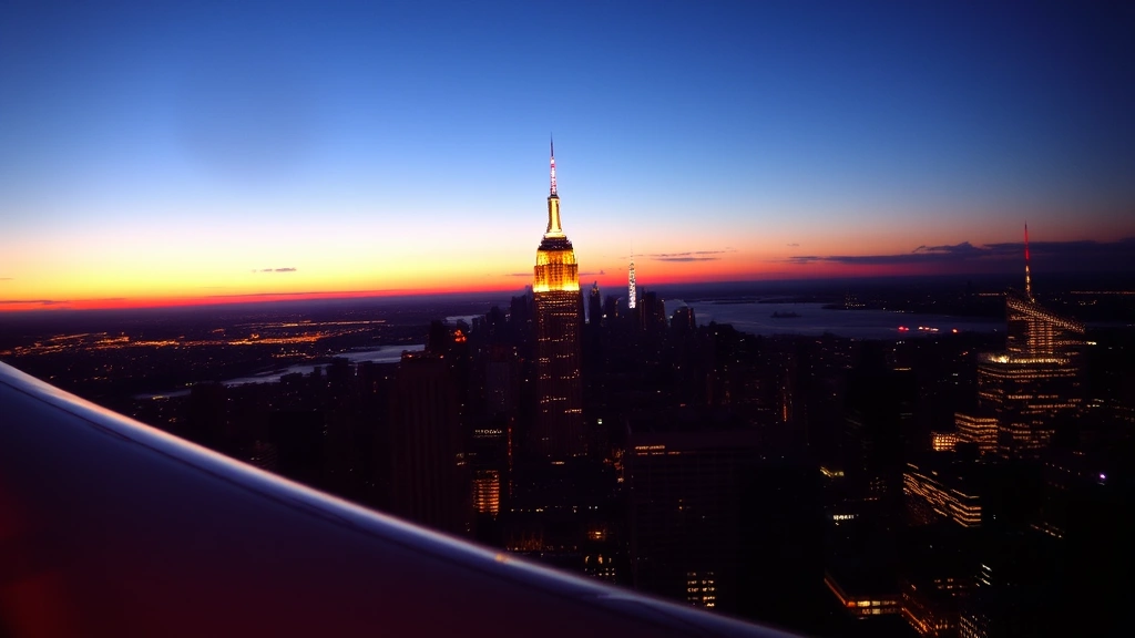 Manhattan skyline at dusk with Empire State Building illuminated, aerial perspective from aircraft window, city lights reflecting, airplane wing visible in frame corner