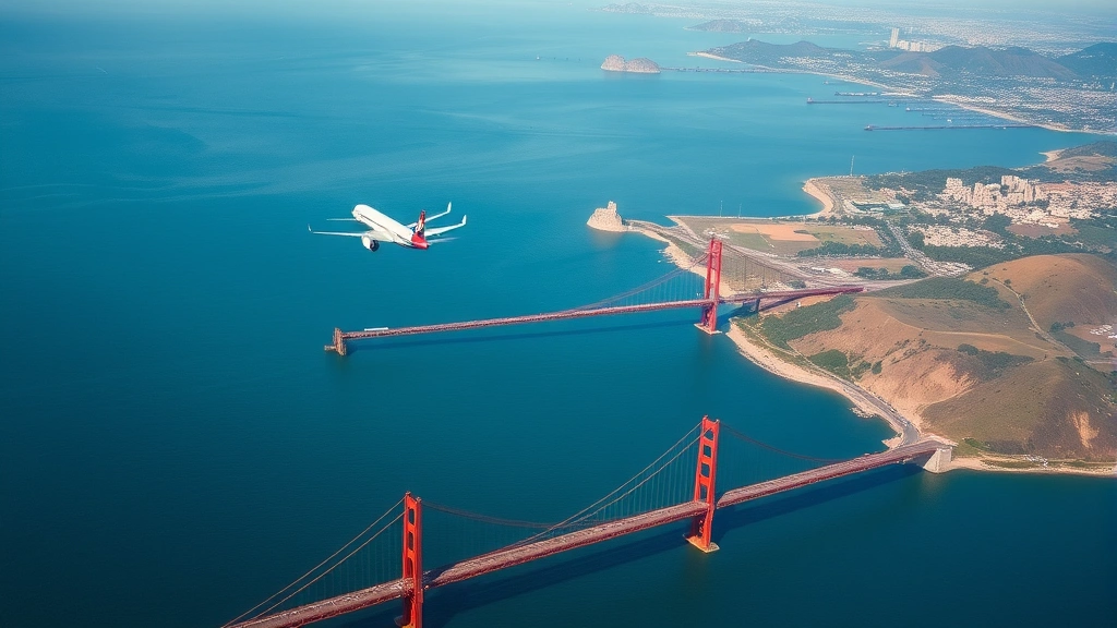 Aerial view of San Francisco Bay with Golden Gate Bridge visible, commercial aircraft approaching from the north over blue water and islands