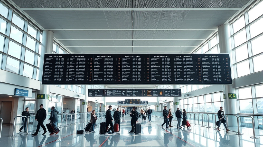 Modern airport terminal interior showing departure boards, travelers with luggage at gates, natural daylight streaming through large windows, sleek architectural design