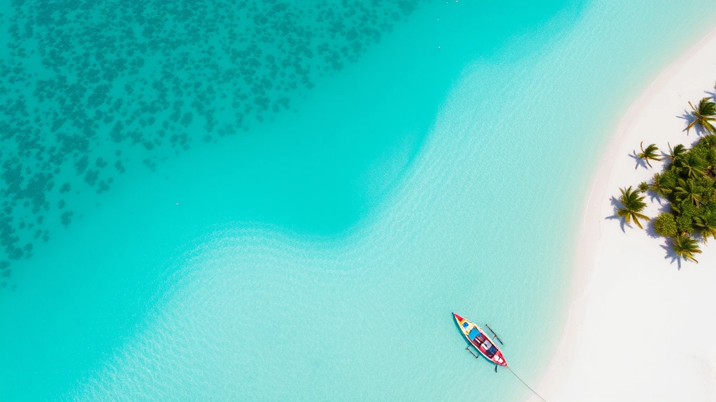 Aerial view of turquoise Caribbean waters meeting white sand beach with tropical palm trees and colorful fishing boats anchored offshore in Belize