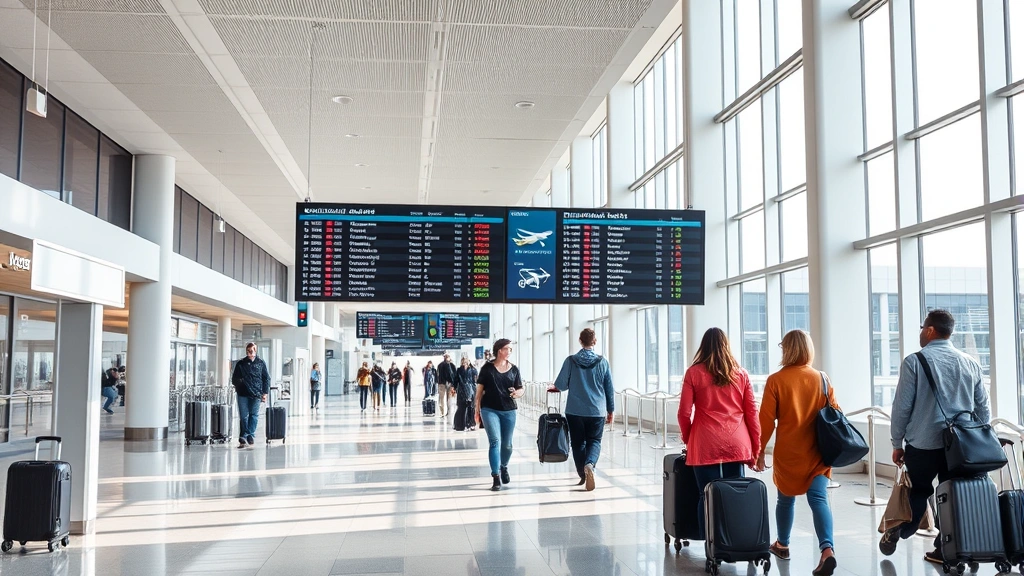 Modern airport terminal interior with departure board displaying flight information, travelers with luggage walking through bright corridor with large windows