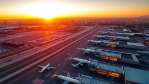 Aerial view of LAX airport with aircraft parked at terminals during golden hour sunset, wide-angle perspective showing runway infrastructure and city lights beginning to illuminate in the distance, photorealistic modern airport scene