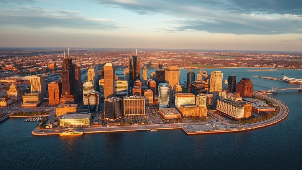 Aerial view of Milwaukee skyline with Lake Michigan waterfront, modern downtown buildings, and General Mitchell International Airport in distance, golden hour lighting, photorealistic travel photography
