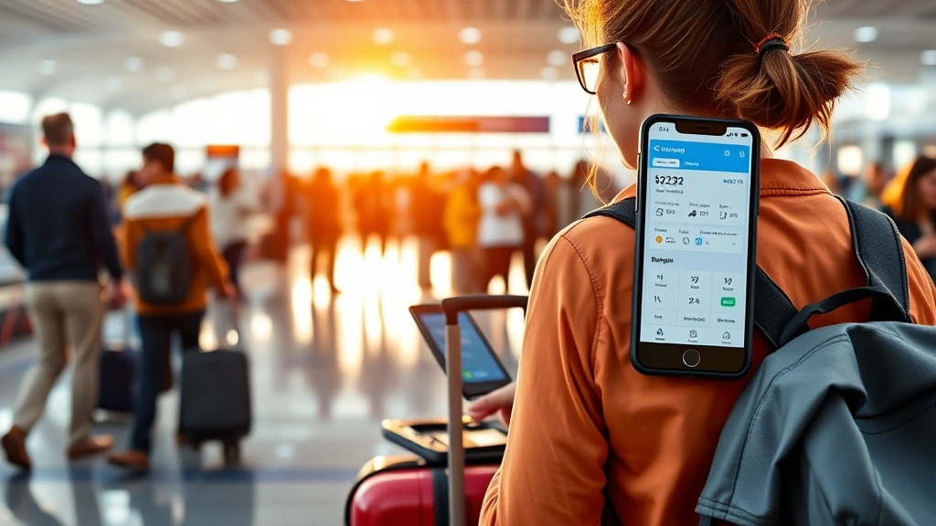 Budget traveler at airport gate area with carry-on luggage and mobile phone showing flight booking app, natural airport lighting, diverse travelers in background, realistic travel scene