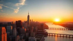 Aerial view of New York City skyline with Manhattan skyscrapers and Hudson River at sunset, golden hour lighting, professional travel photography style