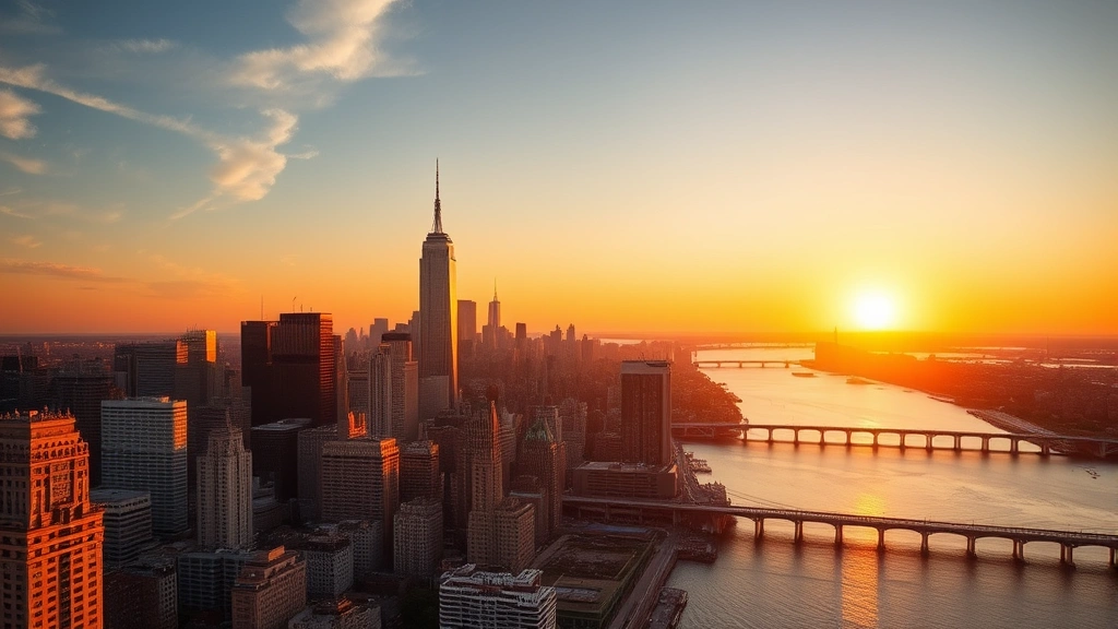 Aerial view of New York City skyline with Manhattan skyscrapers and Hudson River at sunset, golden hour lighting, professional travel photography style