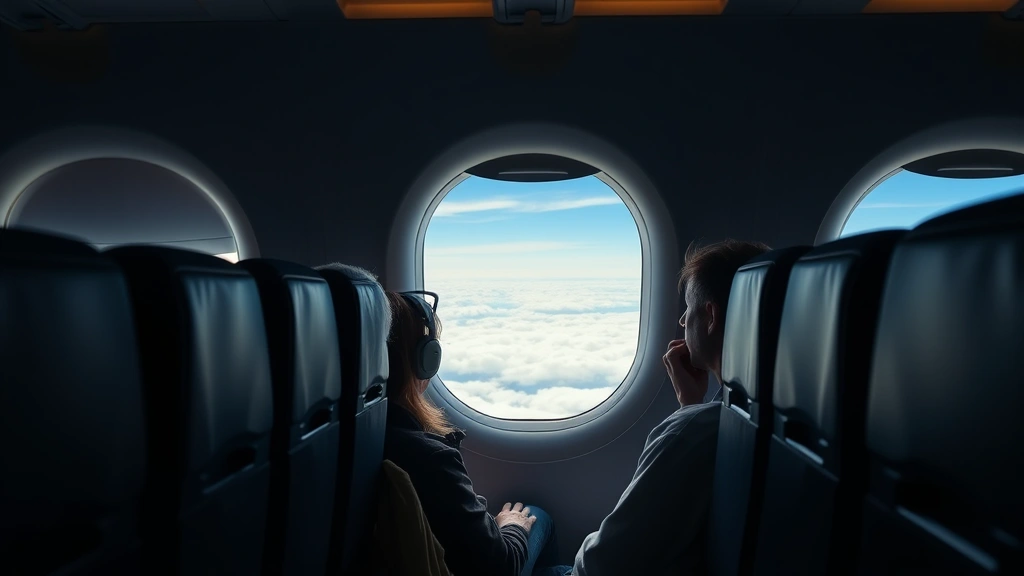 Modern airplane cabin interior with passengers during flight, window seat view of clouds and sky, commercial aircraft, realistic airline travel experience