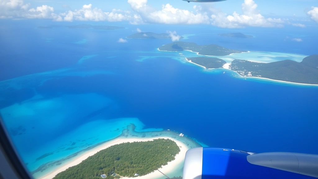 Aerial view of turquoise Caribbean waters surrounding St. Thomas, US Virgin Islands with white sand beaches and palm trees lining the coastline, shot from airplane window during approach to Cyril E. King Airport